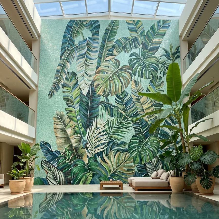 Tropical leaves mosaic feature wall