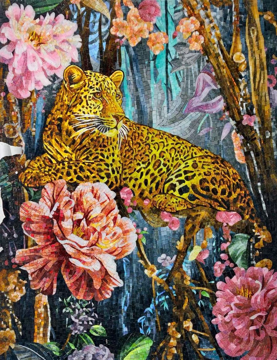 Leopard among flowers mosaic art