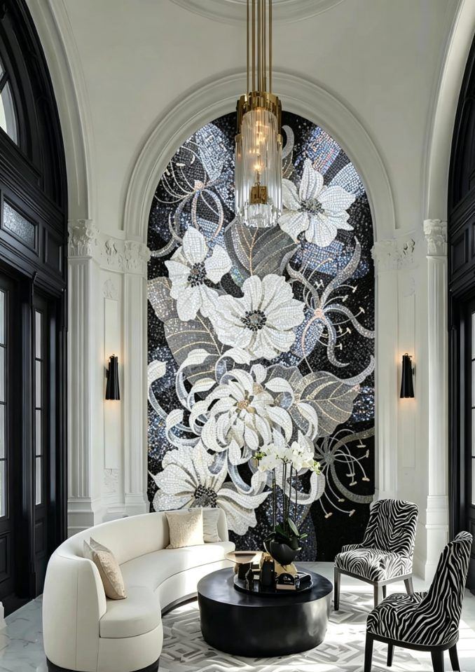 White blossom arch mosaic wall