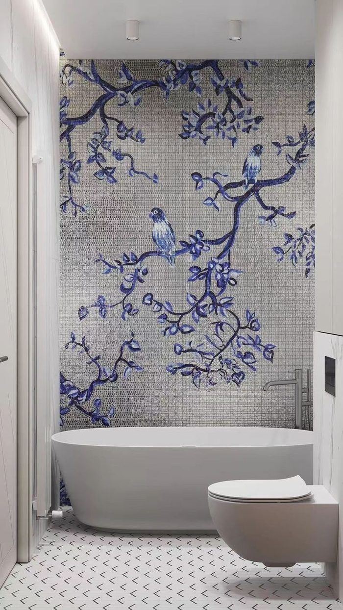 Blue and white floral bird handcut mosaic mural