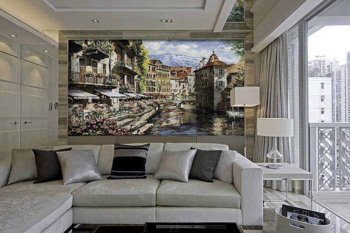 European canal landscape handcut mosaic mural