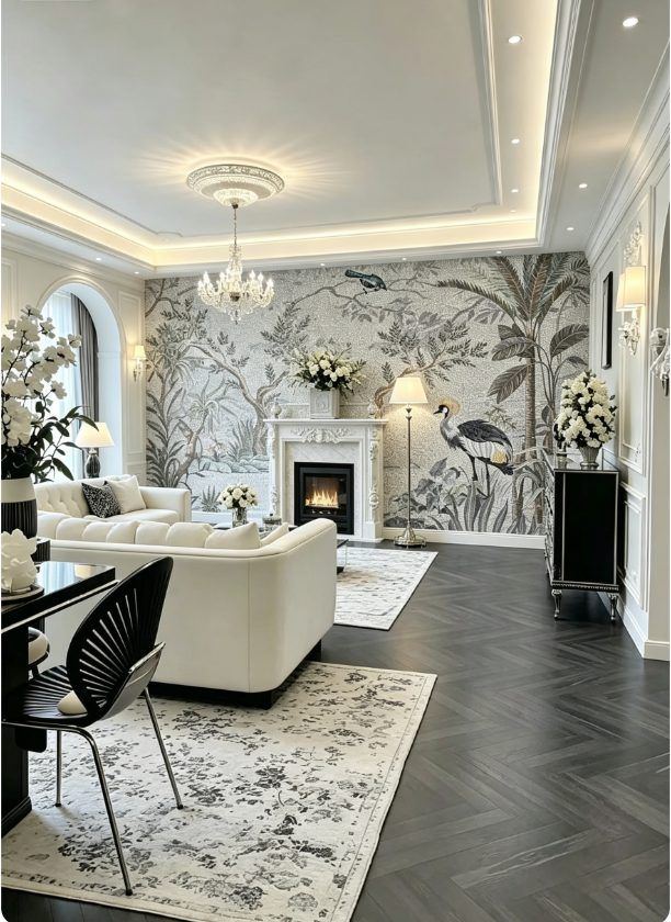 Grey crowned cranes among botanical trees handcut mosaic mural above a fireplace in a luxury living room