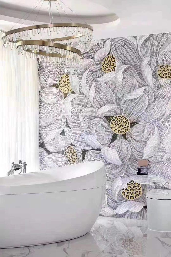 White blossom with gold core handcut mosaic mural