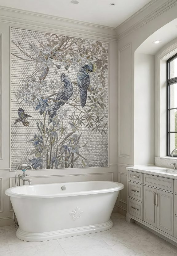 Chinoiserie mosaic mural of blue-grey cockatoos perched on blossoming branches above a freestanding bathtub