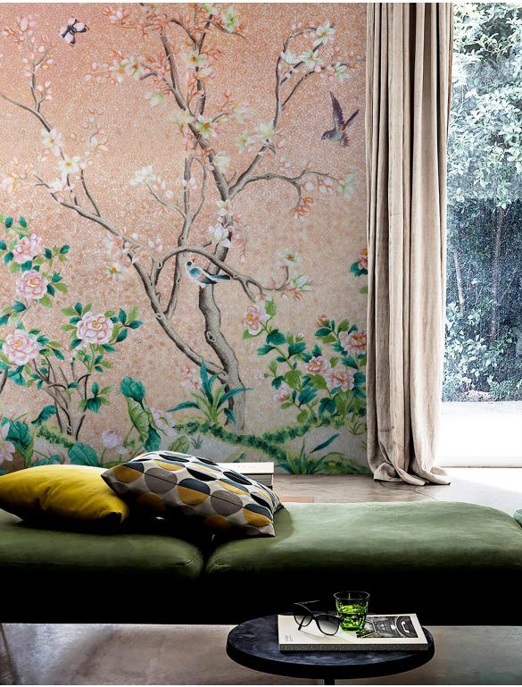 Peach-toned chinoiserie mosaic panel of a flowering blossom tree with birds and peonies