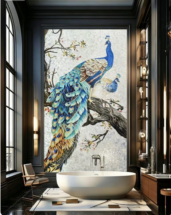 Peacock mosaic wall art in blue teal and gold above a freestanding bathtub in a luxury bathroom