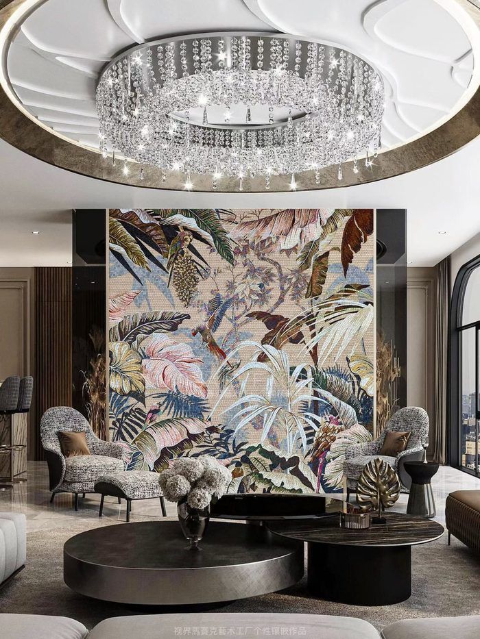 Tropical botanical glass mosaic mural with parrots and jungle leaves in a glam living room