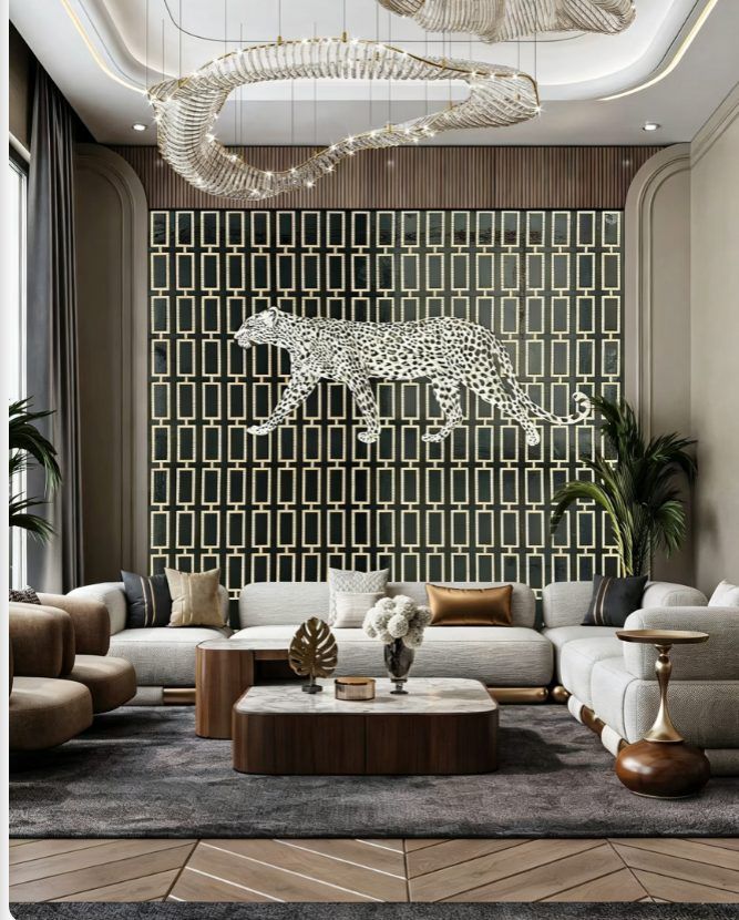 Art Deco black and gold mosaic mural of a white leopard mid-stride in a luxury living room