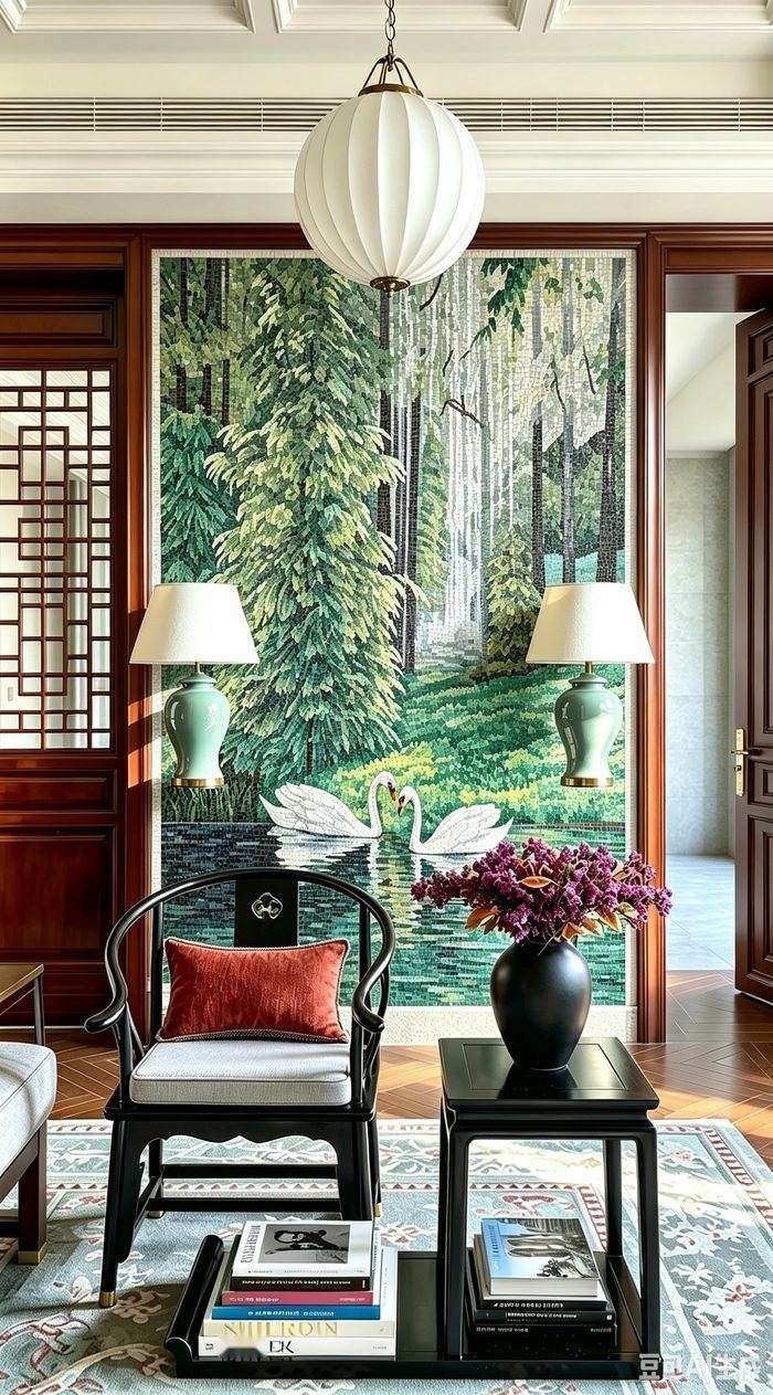 Handcrafted mosaic mural of two white swans gliding on a forest lake in a chinoiserie living room