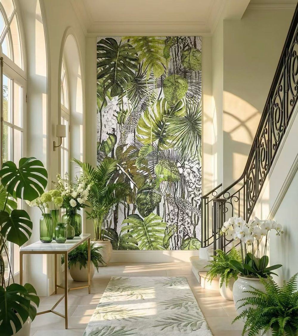 Botanical tropical foliage sunlit hallway mosaic