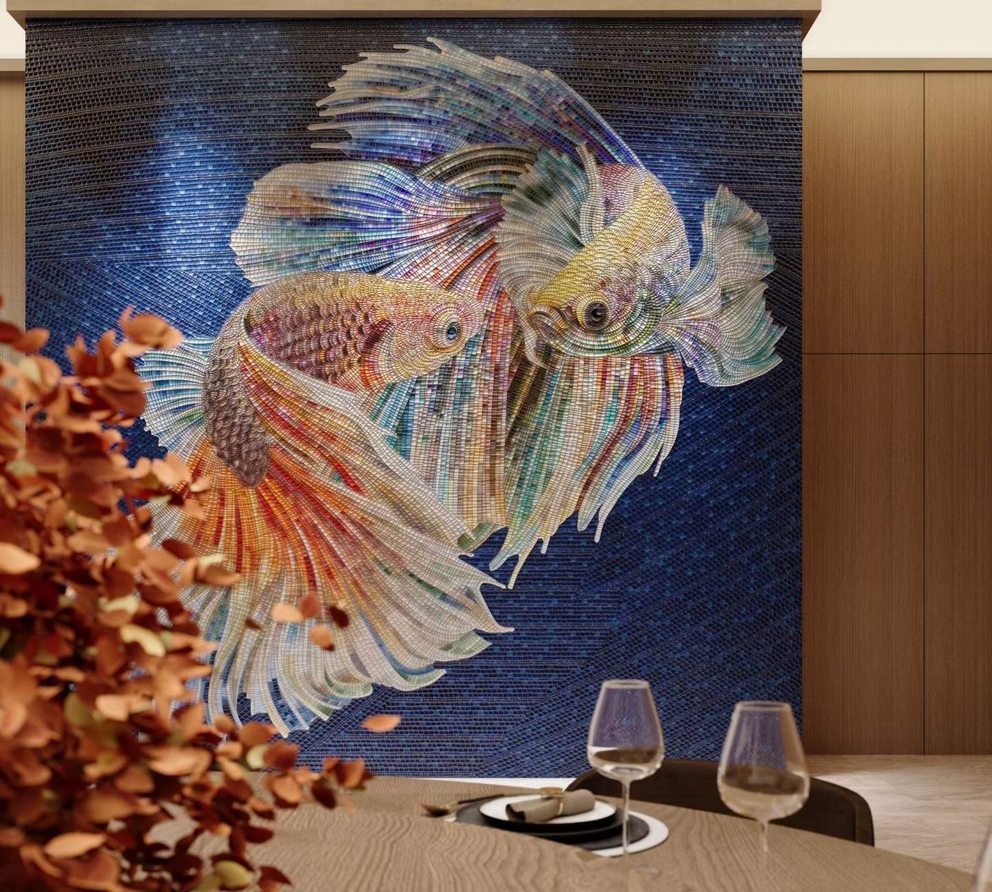 Koi fish mosaic mural behind a dining table — custom mosaic wall art by Art Mosaic Factory