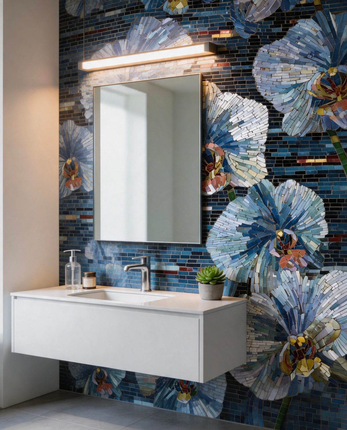 Blue and white floral mosaic bathroom feature wall — custom mosaic wall art by Art Mosaic Factory
