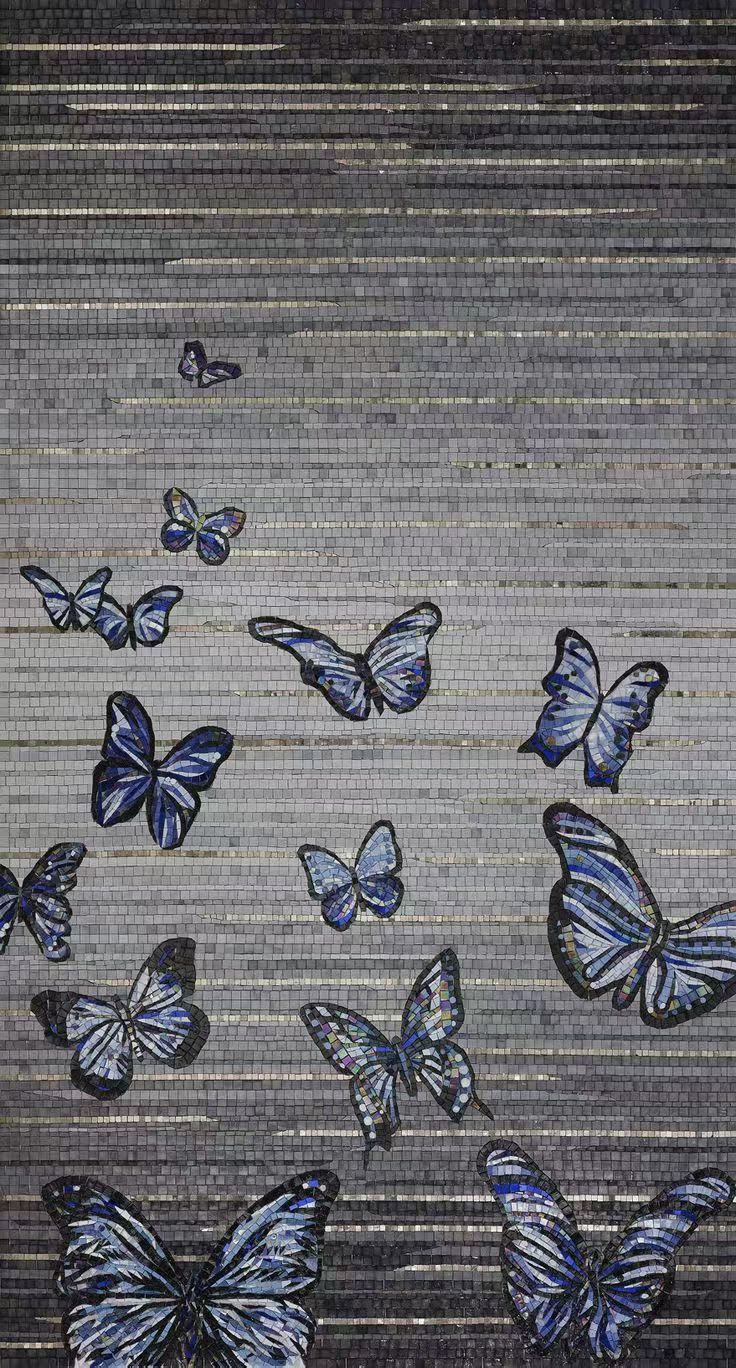 Blue and black butterflies on a textured grey field — custom mosaic wall art by Art Mosaic Factory