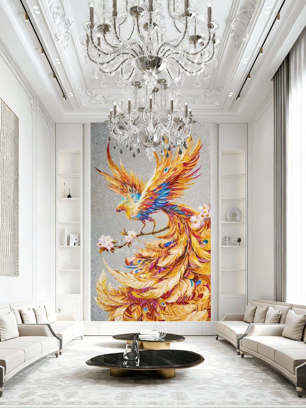 Large phoenix mosaic mural in a grand salon — custom mosaic wall art by Art Mosaic Factory