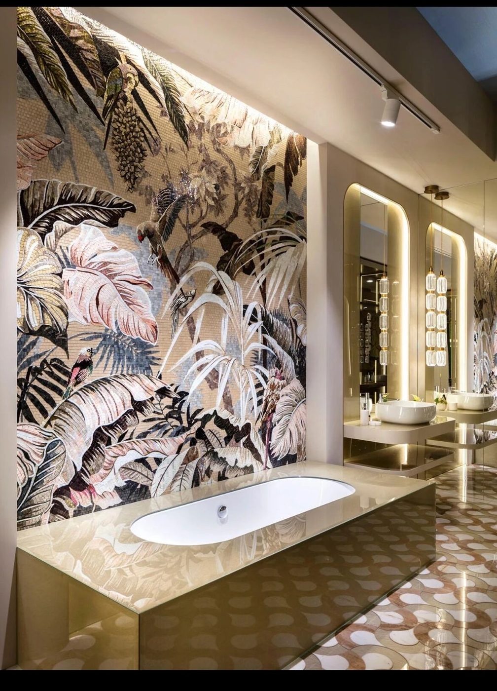 Sepia botanical mosaic wall behind a bathtub — custom mosaic wall art by Art Mosaic Factory