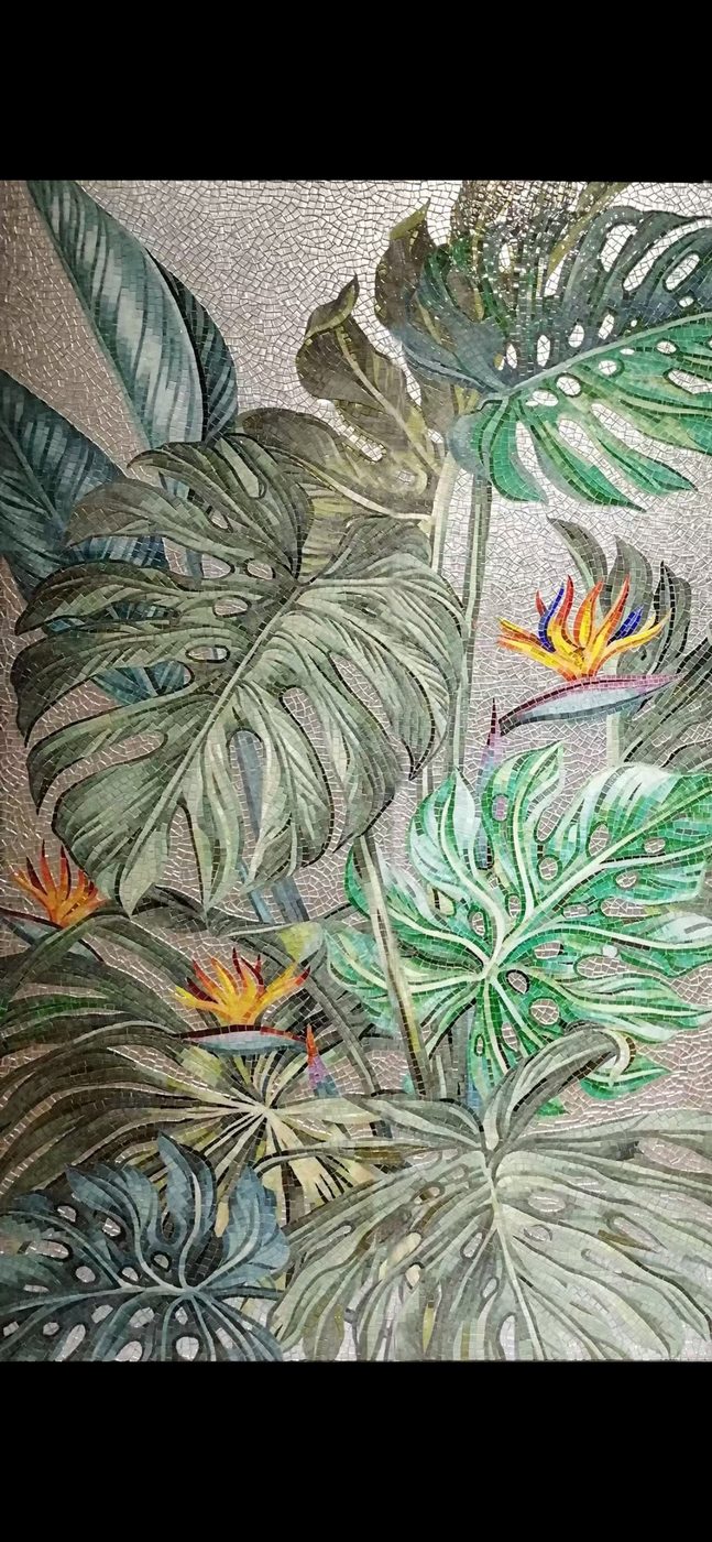 Tropical foliage and bird-of-paradise mosaic panel — custom mosaic wall art by Art Mosaic Factory