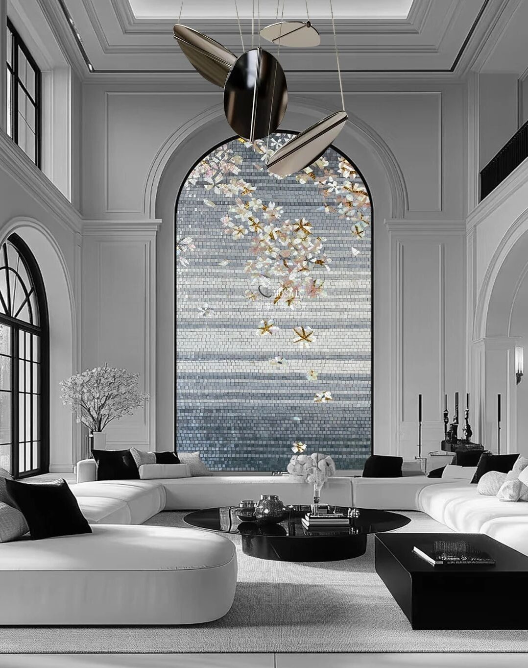 Arched blossom tree mosaic mural in a living room — custom mosaic wall art by Art Mosaic Factory