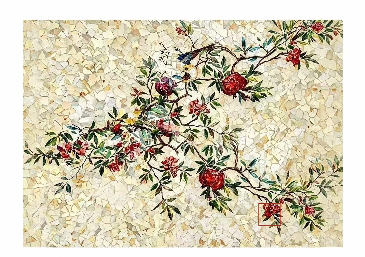 Pomegranate branch with two birds — custom mosaic wall art by Art Mosaic Factory
