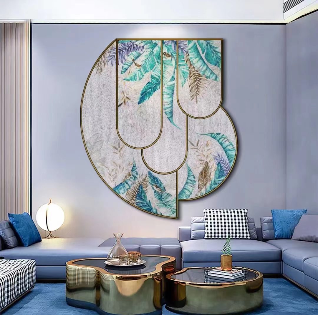 Curved tropical leaf mosaic panels with brass frames — custom mosaic wall art by Art Mosaic Factory