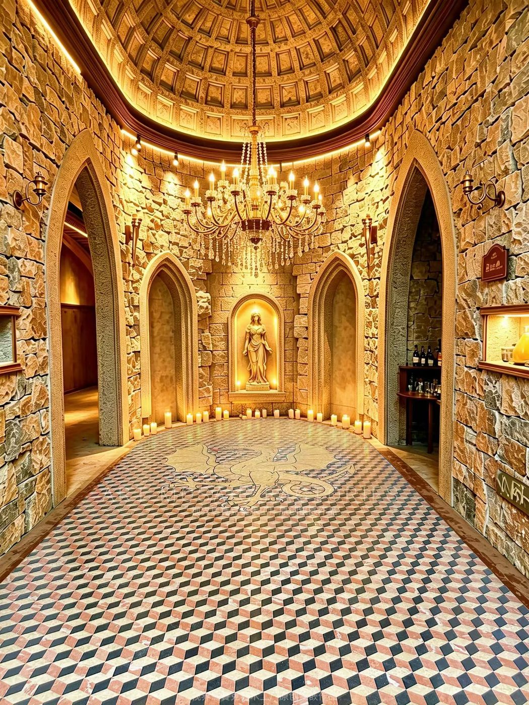Geometric mosaic floor in a coffered hall — custom mosaic wall art by Art Mosaic Factory