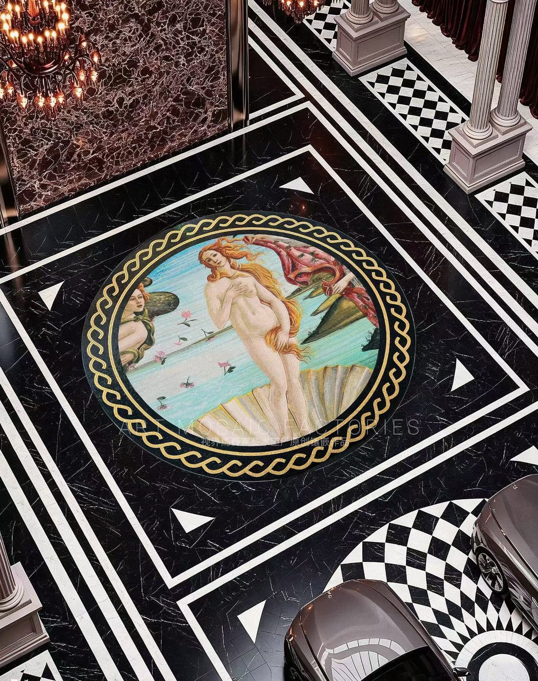 Classical figure mosaic medallion in marble floor — custom mosaic wall art by Art Mosaic Factory