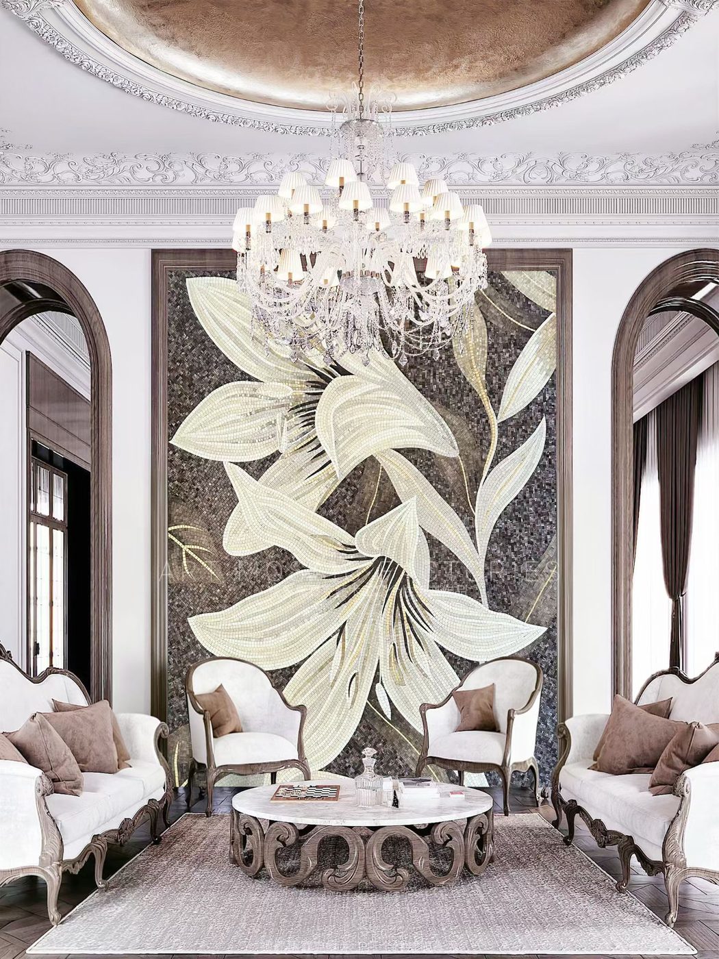 Oversized white lily mosaic wall panel — custom mosaic wall art by Art Mosaic Factory