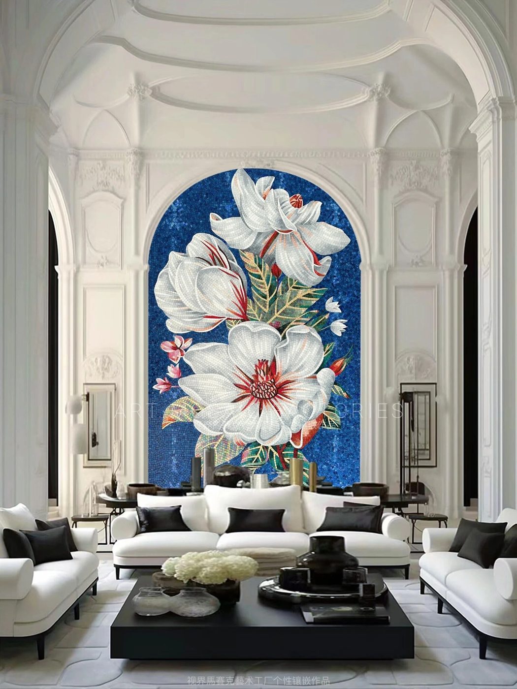 White magnolia blossom arched mosaic on blue — custom mosaic wall art by Art Mosaic Factory
