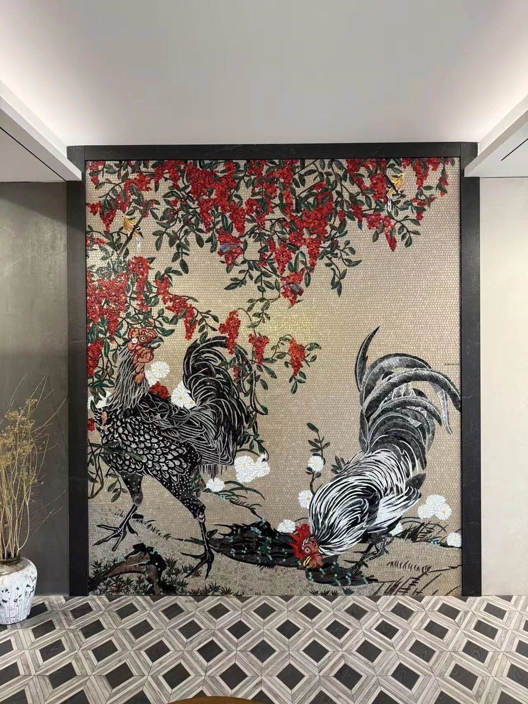 Two roosters with red blossom branches — custom mosaic wall art by Art Mosaic Factory
