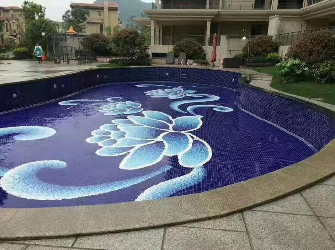 Lotus mosaic pool floor — handcut mosaic art by Art Mosaic Factory