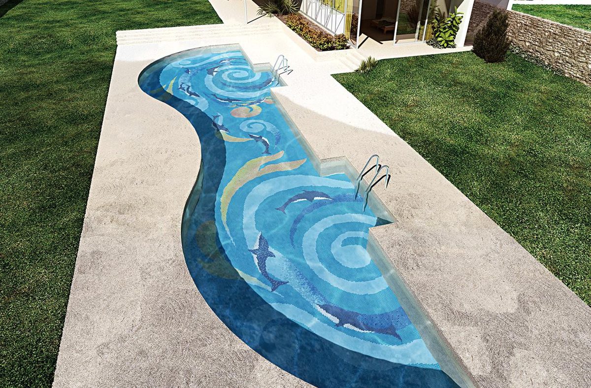 Curved glass wave mosaic feature — handcut mosaic art by Art Mosaic Factory